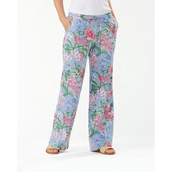 Tommy Bahama Pants - Tommy Bahama Orchid Isle Stripe Easy Pant Women M Blue Floral Linen Wide Leg